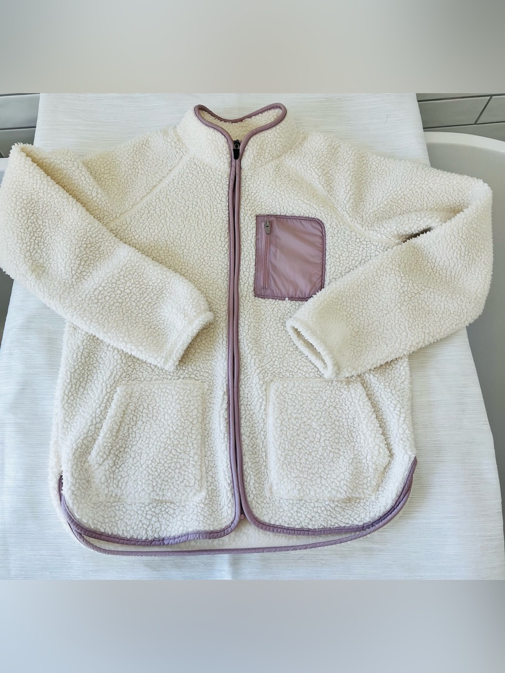 Kids Cream Sherpa Jacket with Mauve Trim - Unbranded